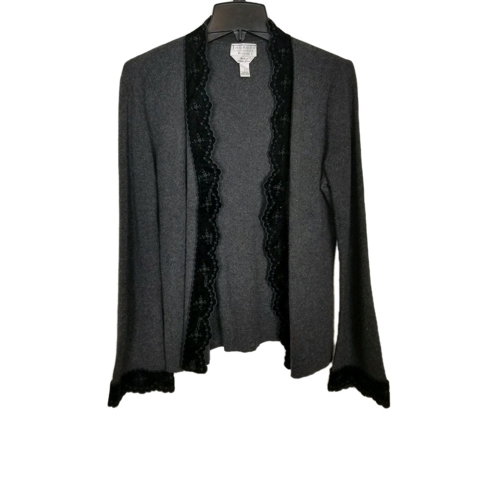 Talbots Collection Women Cashmere Blend Ruffle‎ Cardigan Sz L Petite Gray Open